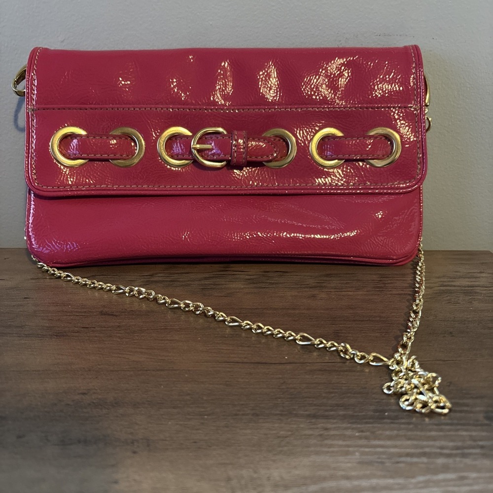 Nine West‎ Hot Barbie Pink Shiny Y2K Purse Grommets Gold Chain Strap Buckle